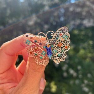 VTG 925 Silver Filigree Enamel Butterfly BROOCH